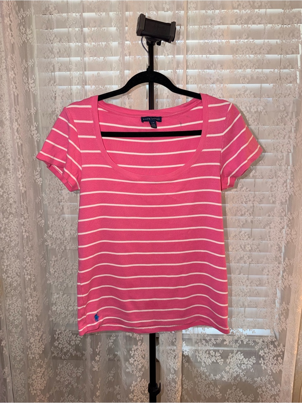 Ralph Lauren Pink and White Striped Scoop Neck Tee